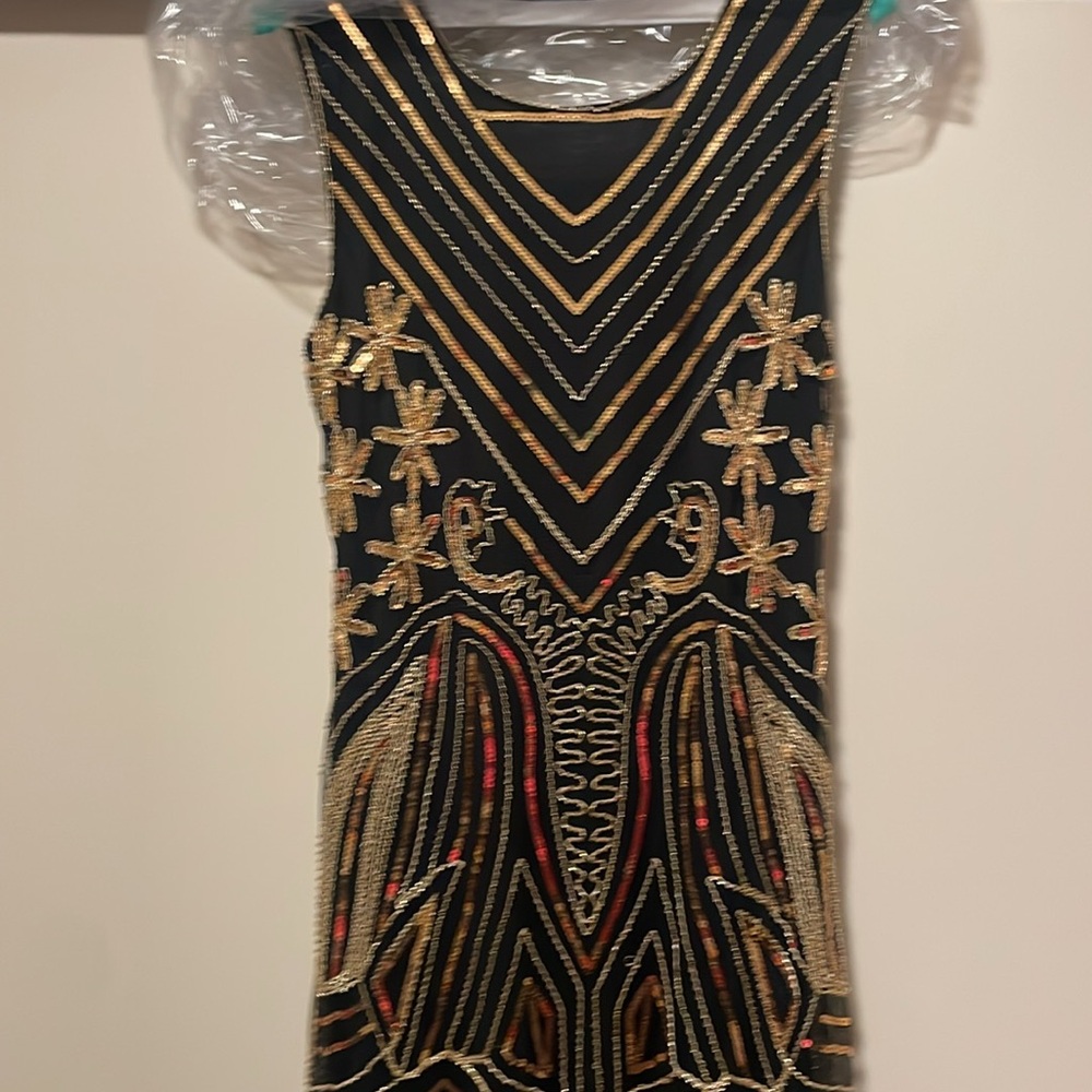 Elegant Black and Gold Embellished Dress 20s Flapper style Medium Great Gatsby - Picture 8 of 17